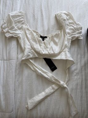 stradivarius Cream Puff Sleeve Wrap Crop Top